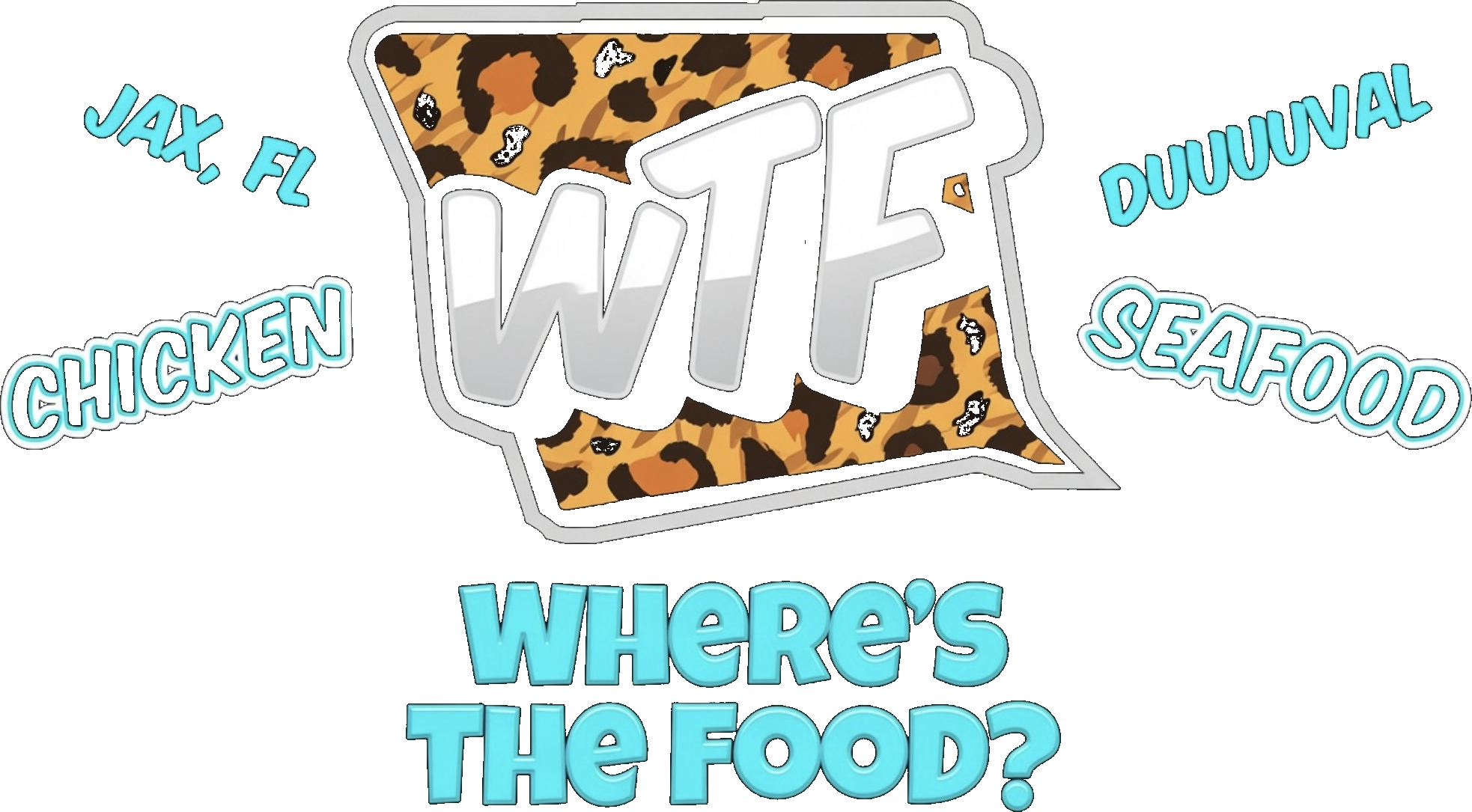 WTF – Where's The Food logo: leopard print speech bubble with WTF wordmark